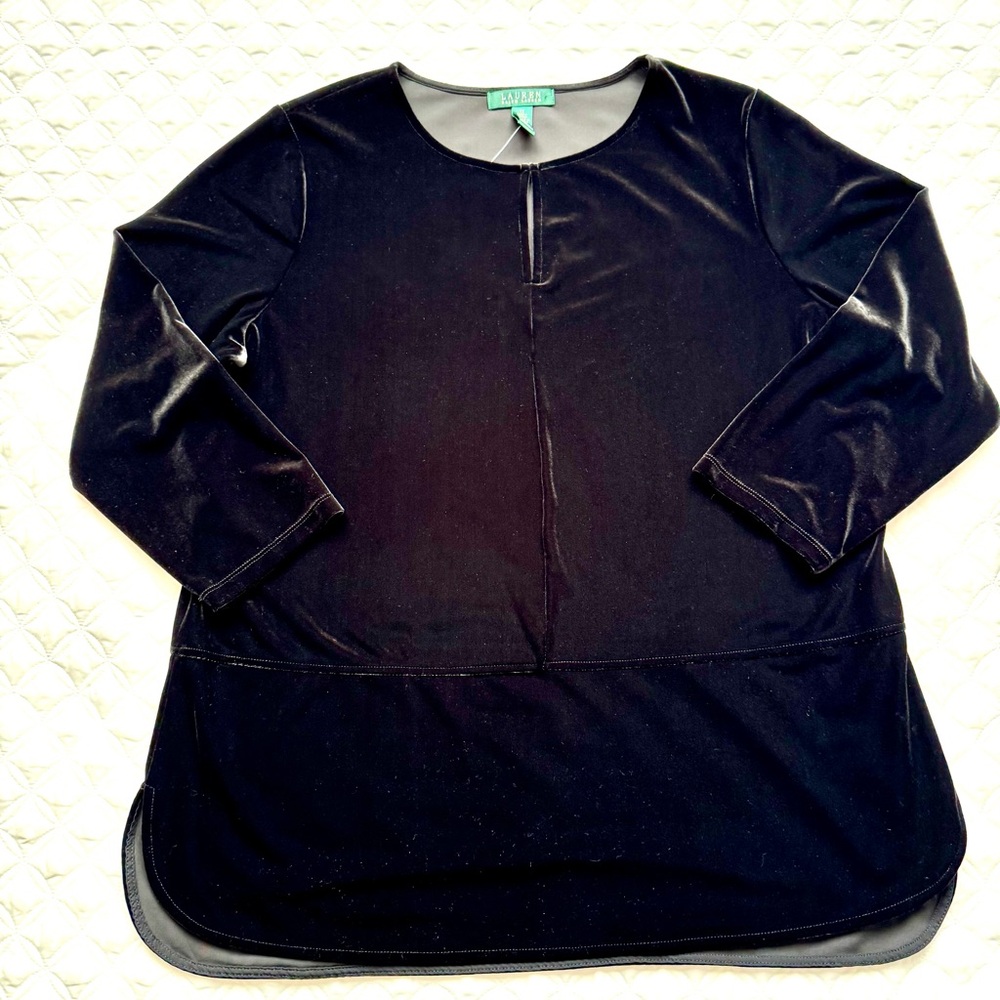 NWT Lauren Ralph Lauren Black Velvet Keyhole 3/4 Sleeves Tunic Top Size 1X